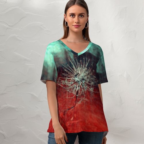 yanfind V Neck T-shirt for Women Web Colorful Layers Dry Filed Spider Wallpapers Supernatural Exotic Mystical Multilayer Summer Top  Short Sleeve Casual Loose