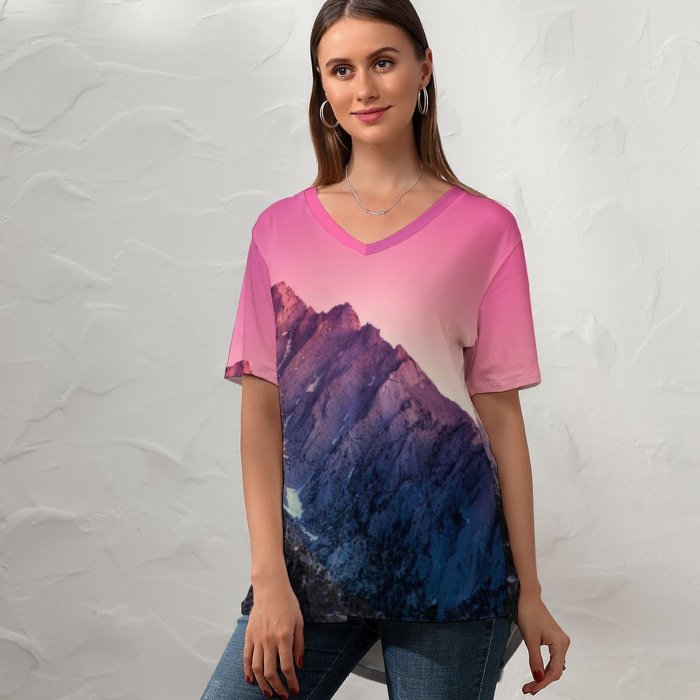 yanfind V Neck T-shirt for Women Romain Guy Sierra Nevada California Mountains Evening Sky Sunset Gradient Scenic Peak Summer Top  Short Sleeve Casual Loose