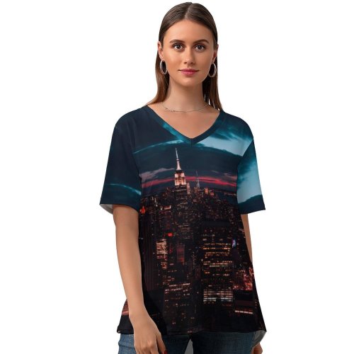 yanfind V Neck T-shirt for Women Rockefeller Center York United States America Cityscape City Lights Night Time Cloudy Summer Top  Short Sleeve Casual Loose