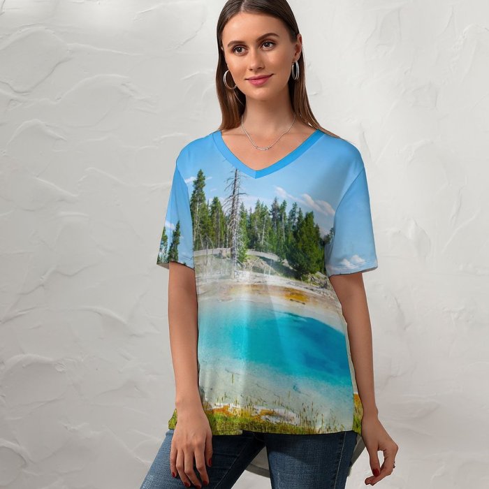 yanfind V Neck T-shirt for Women Youen California Mudpot Yellowstone National Park Tourist Attraction Trees Landscape Sky Summer Top  Short Sleeve Casual Loose