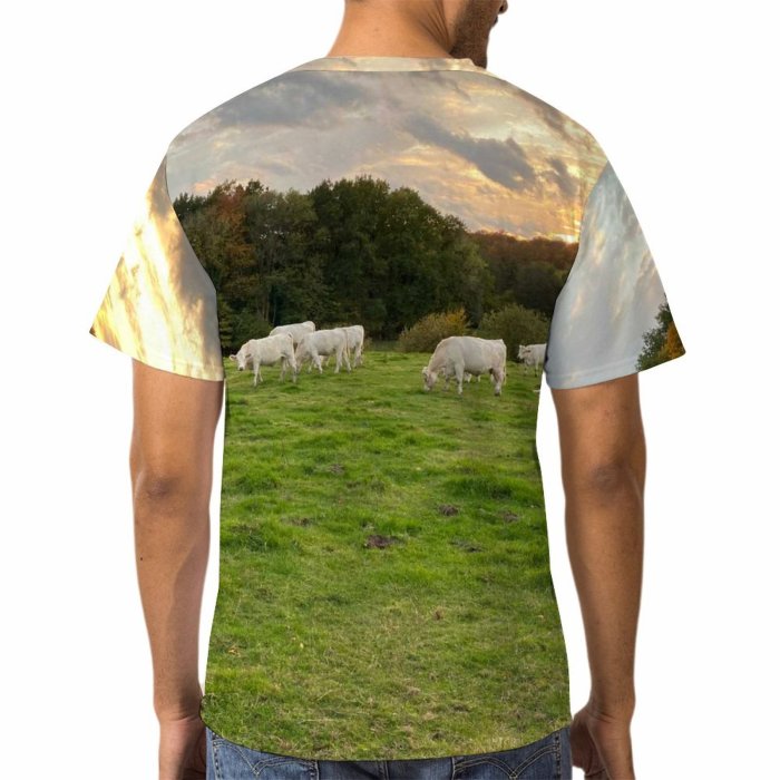 yanfind Adult Full Print T-shirts (men And Women) Landscape Field Summer Countryside Agriculture Farm Grass Outdoors Cow Rural Sheep Farmland