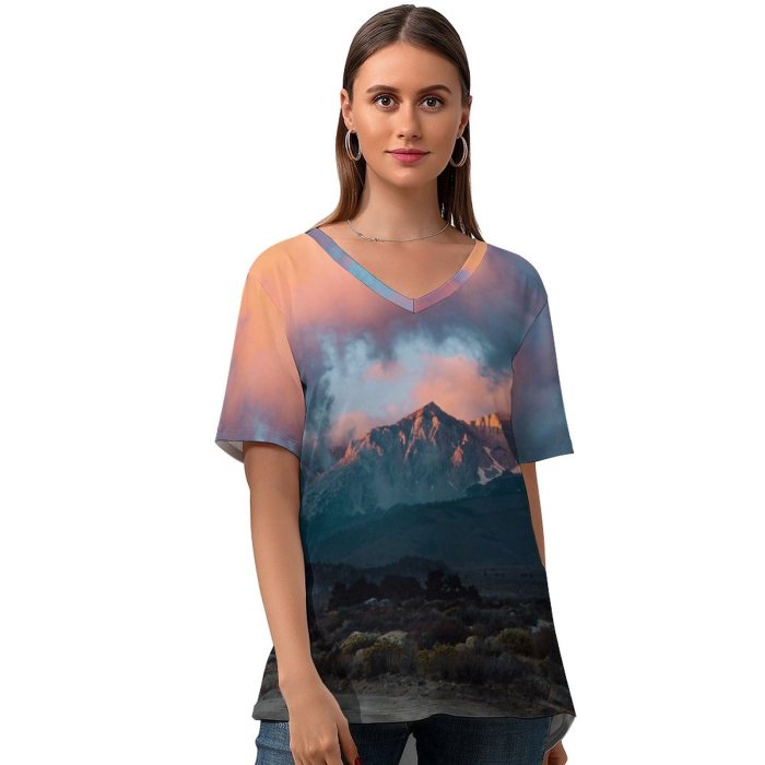 yanfind V Neck T-shirt for Women Twilight Journey Buttermilk Landscape Sky Bishop Wallpapers Mountain Outdoors Peaks States Summer Top  Short Sleeve Casual Loose