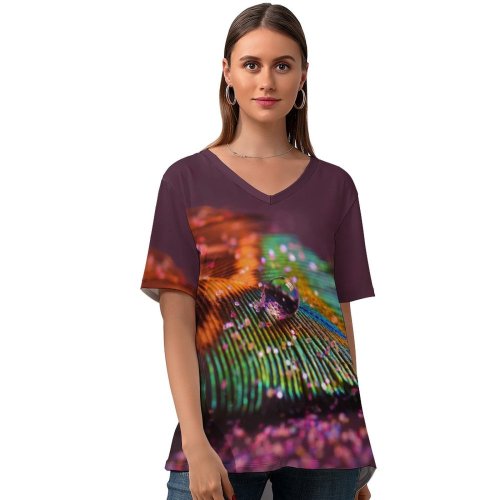 yanfind V Neck T-shirt for Women Richard Mohler Peacock Feather Drop Selective Focus Macro Blur Summer Top  Short Sleeve Casual Loose