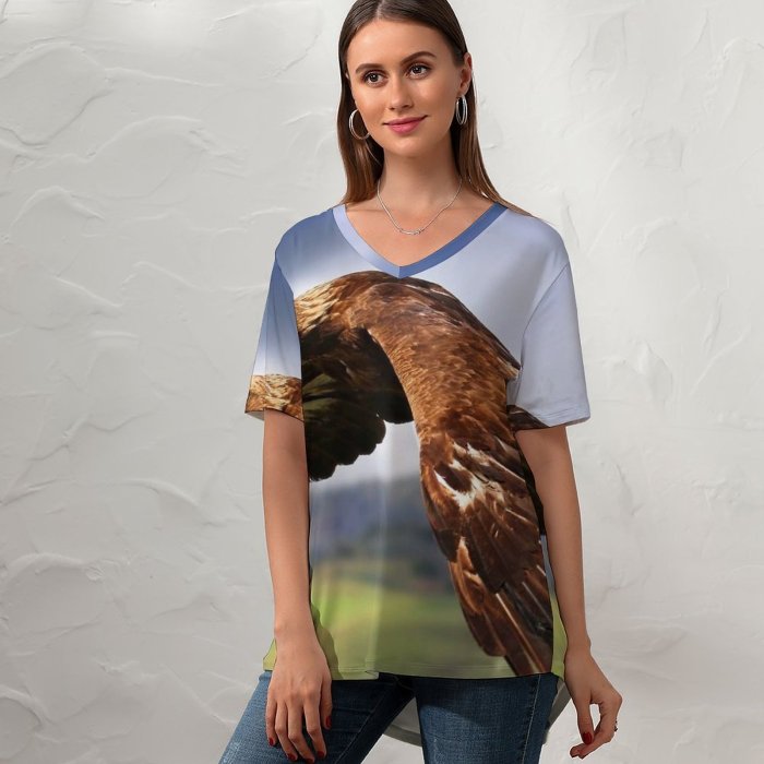 yanfind V Neck T-shirt for Women Raptor Birds Prey Birds Flying Mid Air Blur Summer Top  Short Sleeve Casual Loose