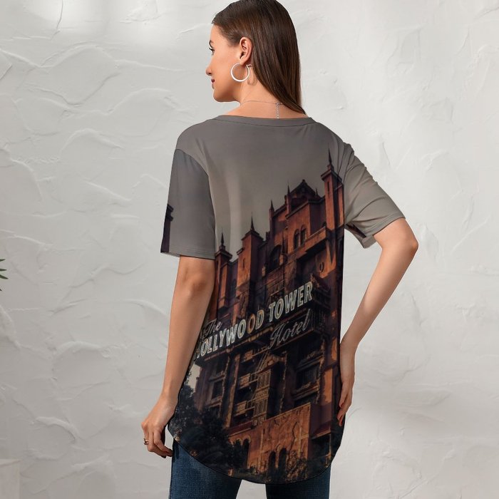 yanfind V Neck T-shirt for Women Creepy Building Buena Mansion Wallpapers Halloween Lake Architecture Happy Spooky States Summer Top  Short Sleeve Casual Loose