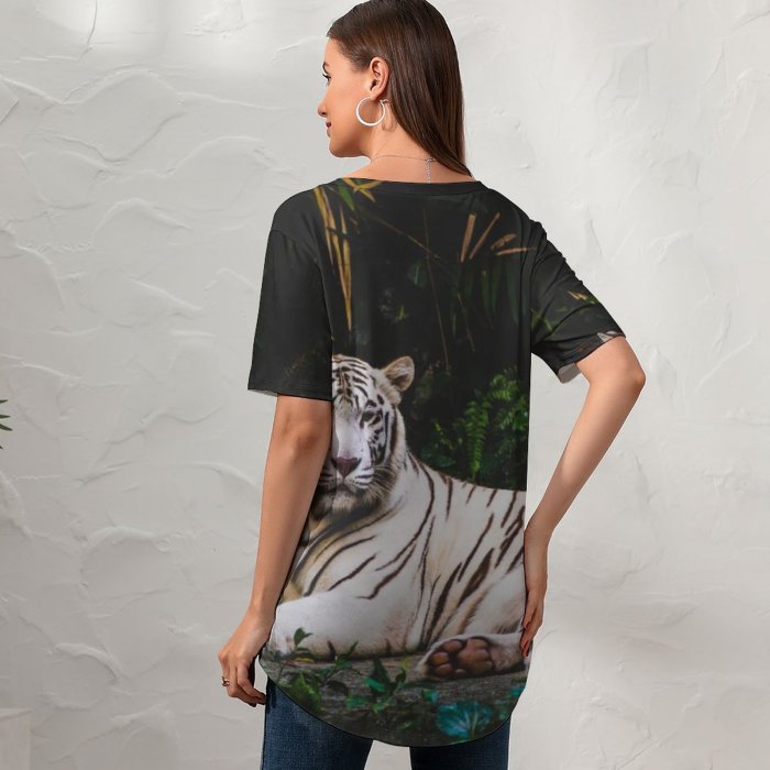 yanfind V Neck T-shirt for Women Smit Patel Tiger Forest Leaves Dark Big Cat Predator Wildlife Greenery Summer Top  Short Sleeve Casual Loose