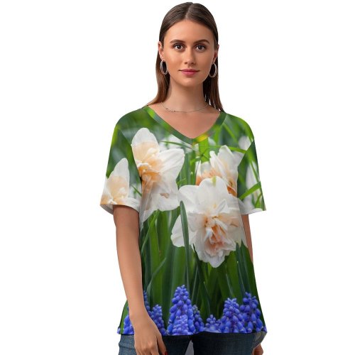 yanfind V Neck T-shirt for Women Aptekarskiy Flowers Plant Pictures Daffodil Blossom Flower Garden Ogorod Spring Public Summer Top  Short Sleeve Casual Loose