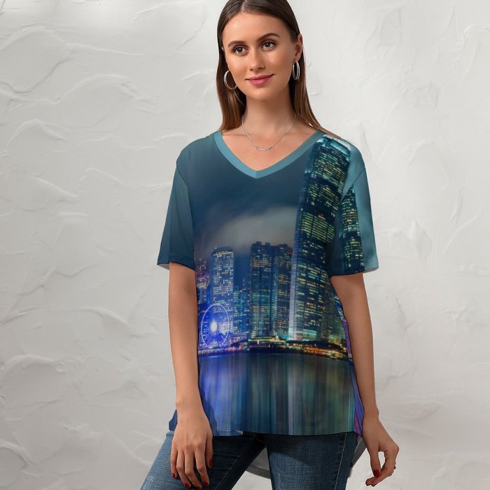 yanfind V Neck T-shirt for Women Serey Kim Hong Kong City Reflection Skyscrapers Modern Architecture Cityscape Night Lights Summer Top  Short Sleeve Casual Loose