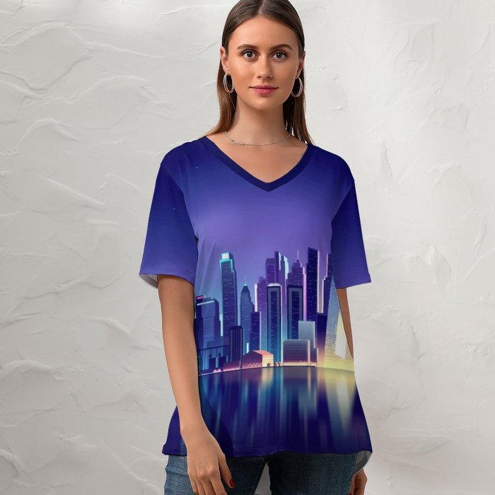 yanfind V Neck T-shirt for Women Romain Trystram Cityscape Neon Reflections Summer Top  Short Sleeve Casual Loose