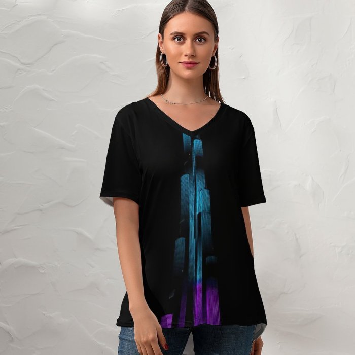 yanfind V Neck T-shirt for Women Ovca Productions Black Dark Architecture Burj Khalifa Night Illumination Night Lights Light Summer Top  Short Sleeve Casual Loose
