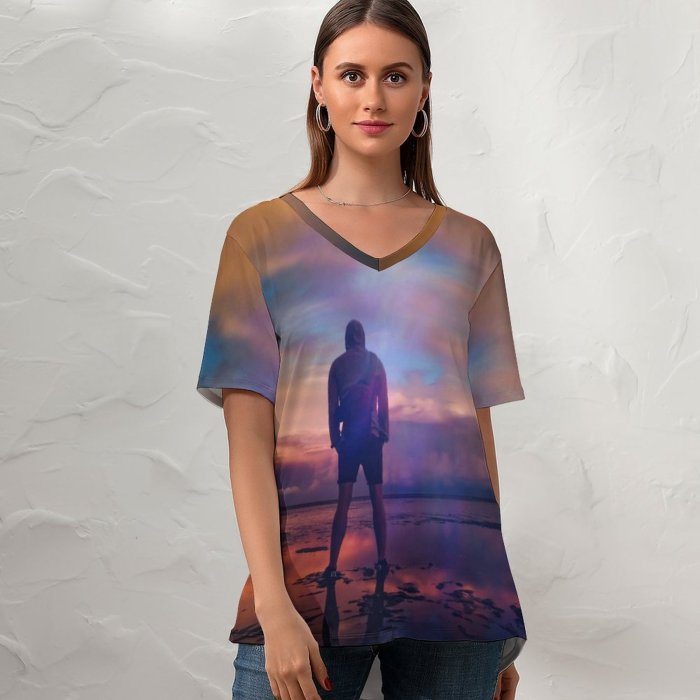 yanfind V Neck T-shirt for Women Zoltan Tasi Beach Planet Earth Silhouette Cloudy Sky Outdoor Dusk Sunrise Reflection Summer Top  Short Sleeve Casual Loose