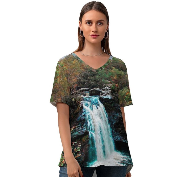 yanfind V Neck T-shirt for Women Rainbow Land River Earths Hills Wallpapers Plant Outdoors Tree Beauty Scotland Summer Top  Short Sleeve Casual Loose