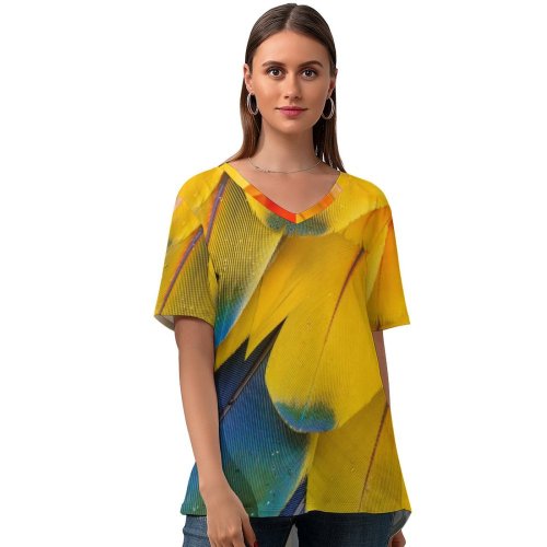 yanfind V Neck T-shirt for Women Zdeněk Macháček Abstract Macaw Feathers Multicolor Colorful Closeup Macro Drops Texture Scarlet Summer Top  Short Sleeve Casual Loose