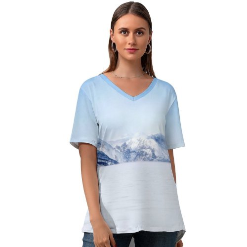 yanfind V Neck T-shirt for Women Landscape Snow Wallpapers Lake Mountain Outdoors Stock Free Pictures Frozen Purple Summer Top  Short Sleeve Casual Loose