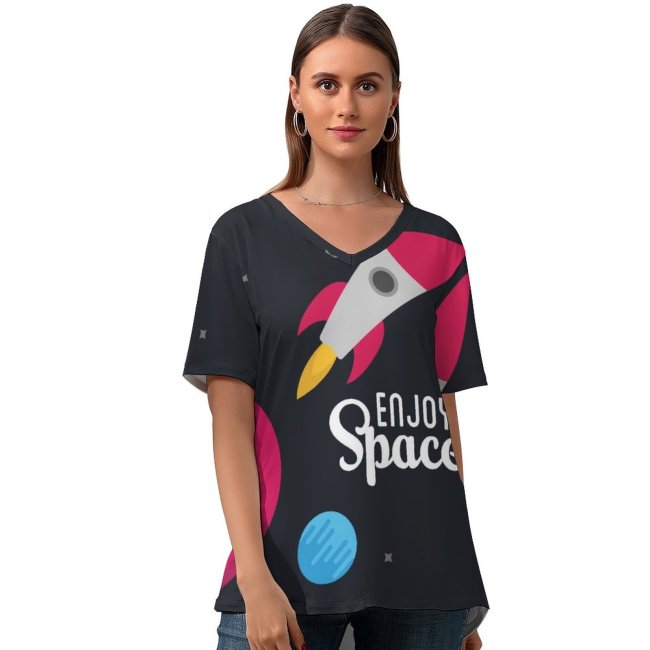 yanfind V Neck T-shirt for Women Space Spacecraft Rocket Planets Stars Summer Top  Short Sleeve Casual Loose