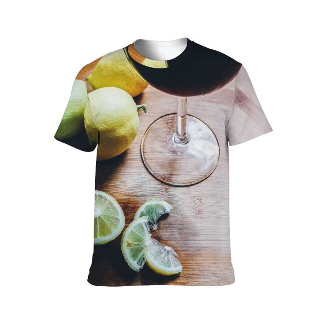 yanfind Adult Full Print T-shirts (men And Women) Wood Alcohol Bar Cocktail Glass Table Wooden Wine Lemon Fruit Lime
