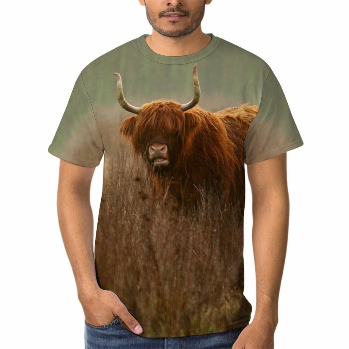 yanfind Adult Full Print T-shirts (men And Women) Landscape Field Countryside Grass Fall Grassland Outdoors Bull Cow Wildlife Daylight Cattle