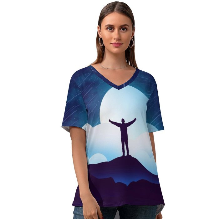 yanfind V Neck T-shirt for Women Shaurya Singh Fantasy Alone Silhouette Moon Night Clouds Starry Sky Summer Top  Short Sleeve Casual Loose