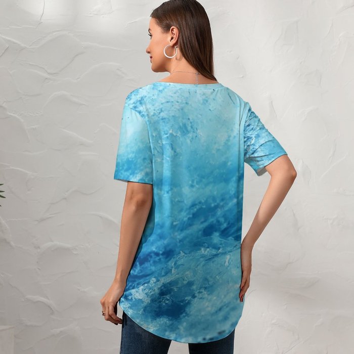 yanfind V Neck T-shirt for Women W Ocean Freezing Trail Vibes Wallpapers Sea Waves Juneau Teal Outdoors Summer Top  Short Sleeve Casual Loose