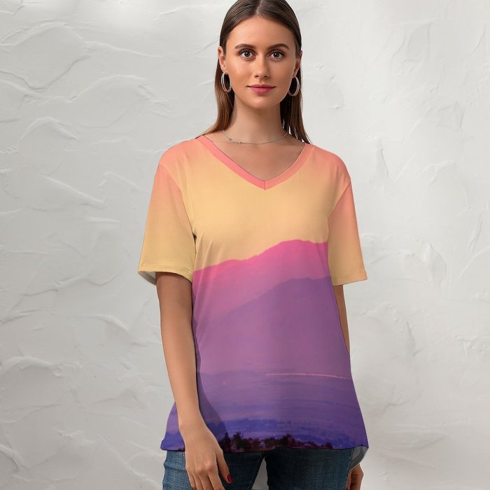 yanfind V Neck T-shirt for Women Romain Guy Sky Sunset Gradient Mountains Landscape Beautiful Scenery Clear Sky Summer Top  Short Sleeve Casual Loose