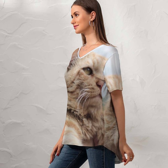 yanfind V Neck T-shirt for Women Lovely Pet Manx Tom Pakistan Angry Plant Stock Free Islamabad Pictures Summer Top  Short Sleeve Casual Loose