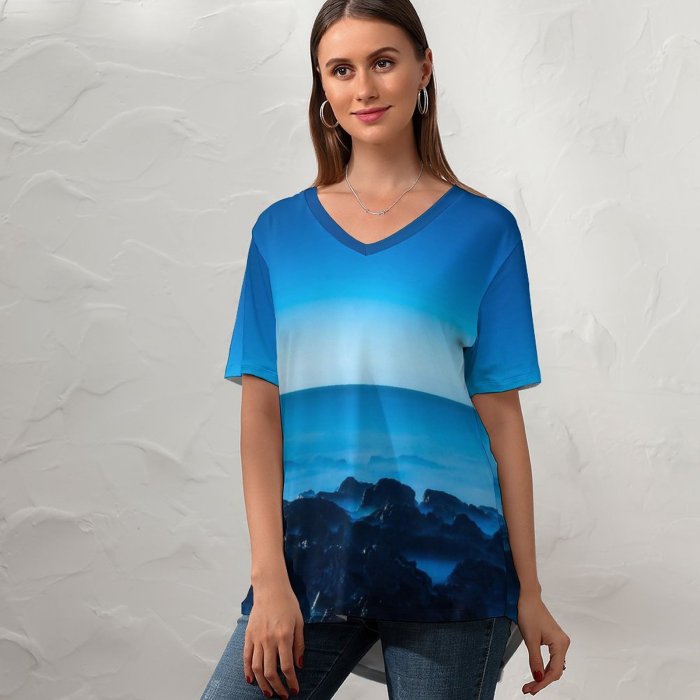 yanfind V Neck T-shirt for Women Seascape Horizon Clear Sky Ocean Rocks Sunrise Dawn Sky Summer Top  Short Sleeve Casual Loose