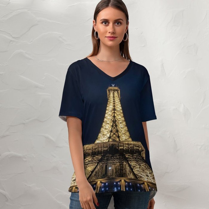 yanfind V Neck T-shirt for Women Samuele Giglio Architecture Eiffel Tower Paris France Dark Night Lights Steel Structure Summer Top  Short Sleeve Casual Loose