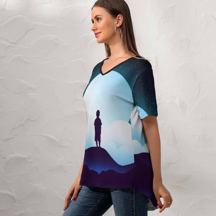yanfind V Neck T-shirt for Women Shaurya Singh Fantasy Boy Kid Alone Silhouette Moon Night Clouds Starry Sky Summer Top  Short Sleeve Casual Loose