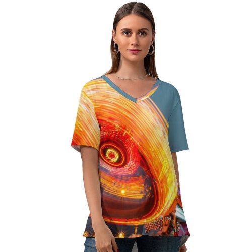 yanfind V Neck T-shirt for Women Philippe Clairo Calgary Stampede Alberta Canada Exposure Carnival Circular Outdoor Cloudy Sky Summer Top  Short Sleeve Casual Loose
