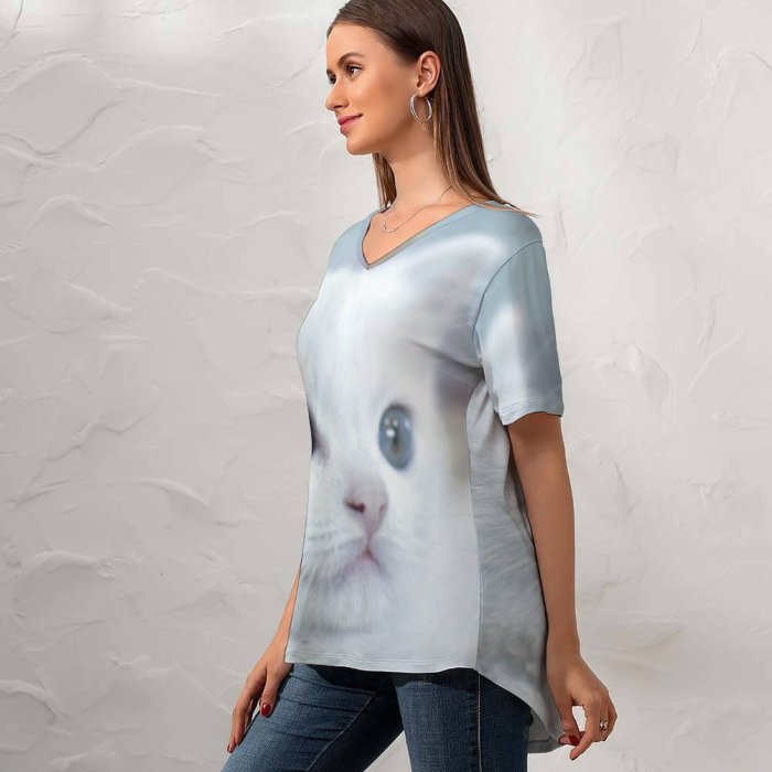 yanfind V Neck T-shirt for Women Lovely Wallpapers Pictures Pet Kitten Angora Stock Free Cute Cat Summer Top  Short Sleeve Casual Loose