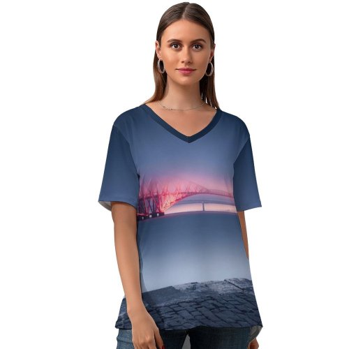 yanfind V Neck T-shirt for Women Otto Berkeley Architecture Forth Bridge United Kingdom UNESCO Heritage Queensferry Sunset River Summer Top  Short Sleeve Casual Loose