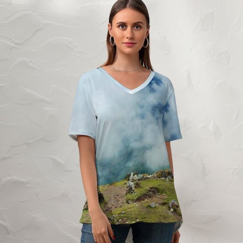 yanfind V Neck T-shirt for Women Fog Country Hillside Landscape Hiking Riding Grass Wallpapers Mountain Outdoors Rock Summer Top  Short Sleeve Casual Loose
