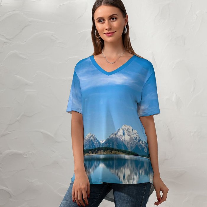 yanfind V Neck T-shirt for Women Sharon Kehl Califano Grand Teton National Park Mountains Lake Clear Sky Sky Summer Top  Short Sleeve Casual Loose