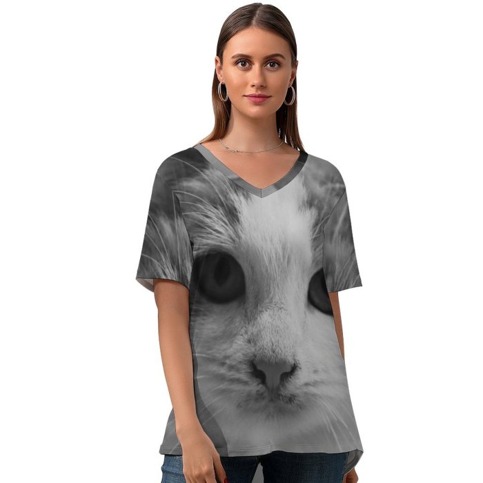 yanfind V Neck T-shirt for Women Lovely Pet Manx Kids Siamese Wallpapers Pictures Angora Creative Pussy Cat Summer Top  Short Sleeve Casual Loose