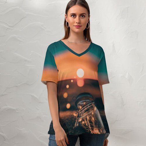 yanfind V Neck T-shirt for Women Toronto HQ Jar Wallpapers Lightbulb Beach Lake Supernatural Mystical Magic Lights Summer Top  Short Sleeve Casual Loose
