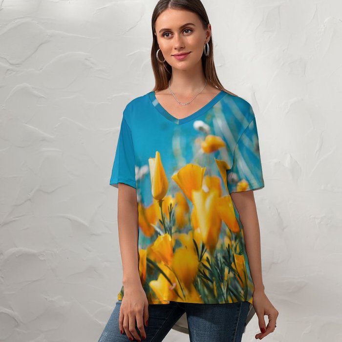 yanfind V Neck T-shirt for Women Floral Flora Spring HQ Sky Wallpapers Plant Lake Garden Tulip States Summer Top  Short Sleeve Casual Loose
