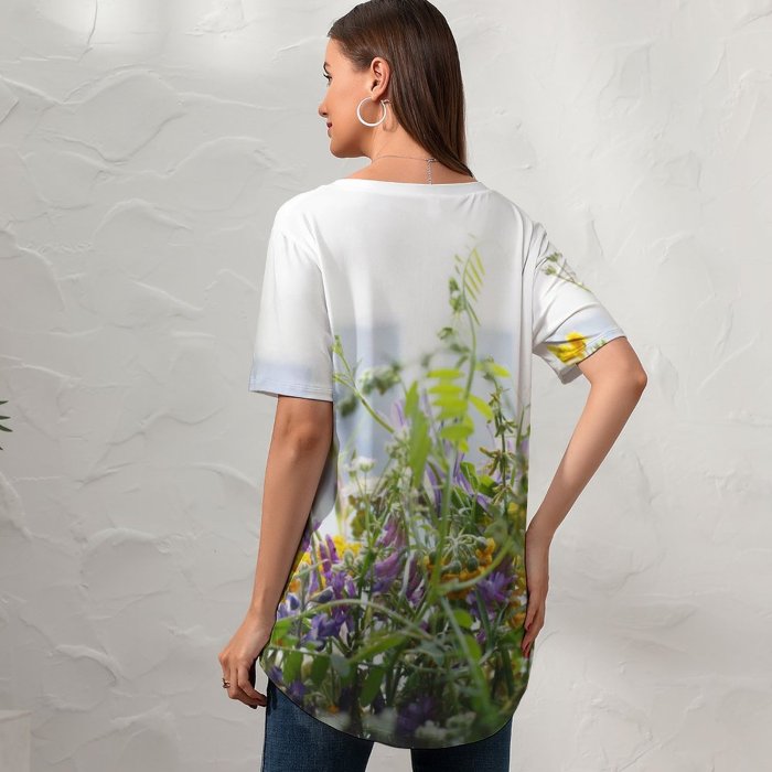 yanfind V Neck T-shirt for Women Floral Vines Flora Spring Wildflowers California Flowers Aster Wallpapers Mimosa Plant Summer Top  Short Sleeve Casual Loose