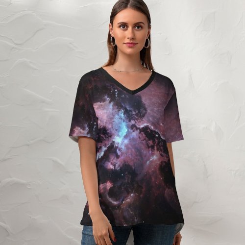 yanfind V Neck T-shirt for Women Starkiteckt Space Black Dark Atlantis Nexus Nebula Digital Render Astronomy Stars Galaxy Summer Top  Short Sleeve Casual Loose