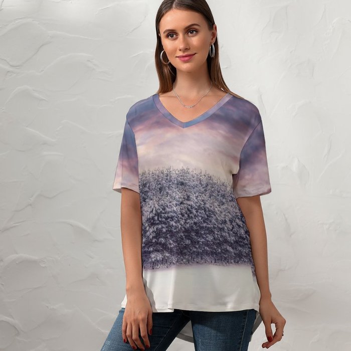 yanfind V Neck T-shirt for Women Snow Covered Trees Winter Snow Landscape Clouds Scenery Forest Summer Top  Short Sleeve Casual Loose