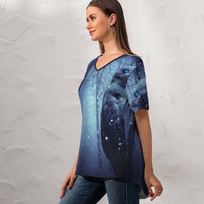 yanfind V Neck T-shirt for Women Owl Forest Winter Dark Night Eyes Scary Snowfall Summer Top  Short Sleeve Casual Loose