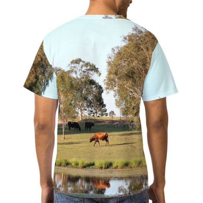 yanfind Adult Full Print T-shirts (men And Women) Landscape Field Summer Countryside Agriculture Farm Grass Tree Outdoors Cow Pool Rural