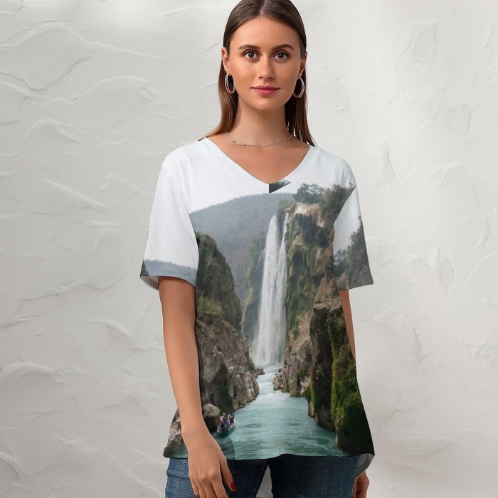 yanfind V Neck T-shirt for Women Cliff Ocean Colorful River Wallpapers Lonely Wildlife Mountain Outdoors Awesome Beauty Summer Top  Short Sleeve Casual Loose