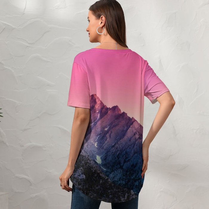 yanfind V Neck T-shirt for Women Romain Guy Sierra Nevada California Mountains Evening Sky Sunset Gradient Scenic Peak Summer Top  Short Sleeve Casual Loose