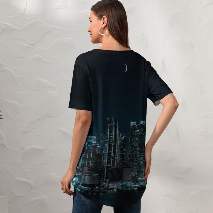 yanfind V Neck T-shirt for Women Sanaan Mazhar Black Dark York City Cityscape Night City Lights Half Moon Summer Top  Short Sleeve Casual Loose