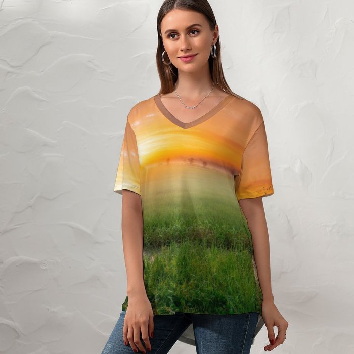 yanfind V Neck T-shirt for Women Sunrise Paddy Fields Landscape Countryside Agriculture Morning Scenic Summer Top  Short Sleeve Casual Loose