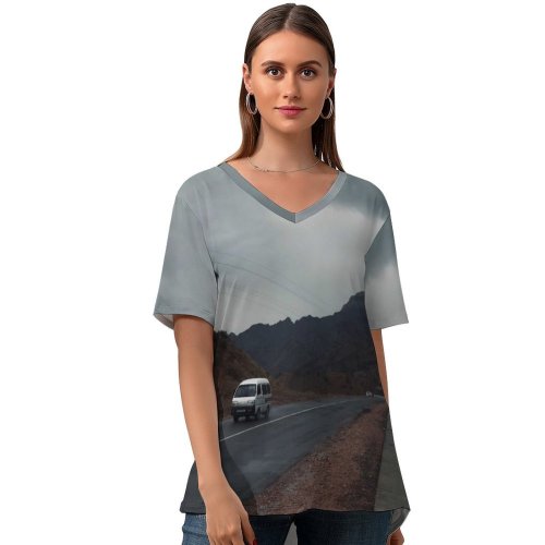 yanfind V Neck T-shirt for Women Wallpapers Automobile Road Summer Top  Short Sleeve Casual Loose