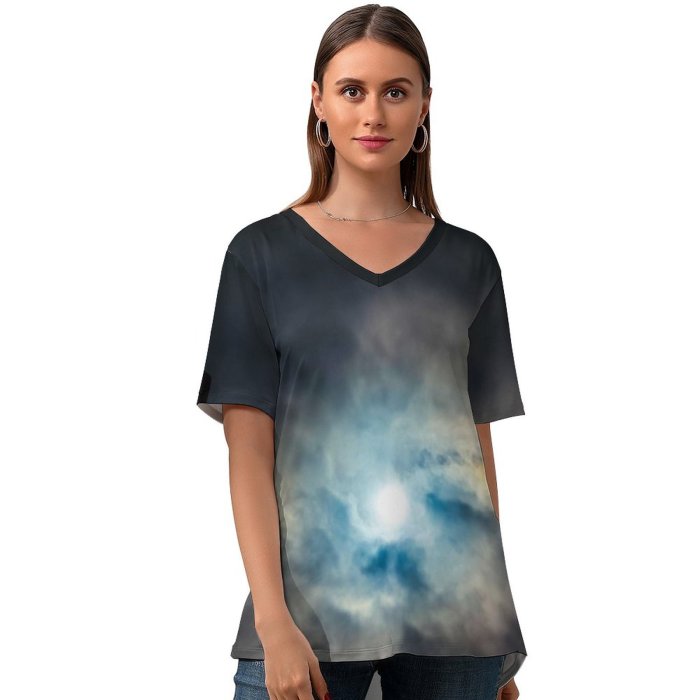 yanfind V Neck T-shirt for Women Peru Space Miraflores Sun Overcast Airship Parachute Public Outer Astronomy Sky Summer Top  Short Sleeve Casual Loose