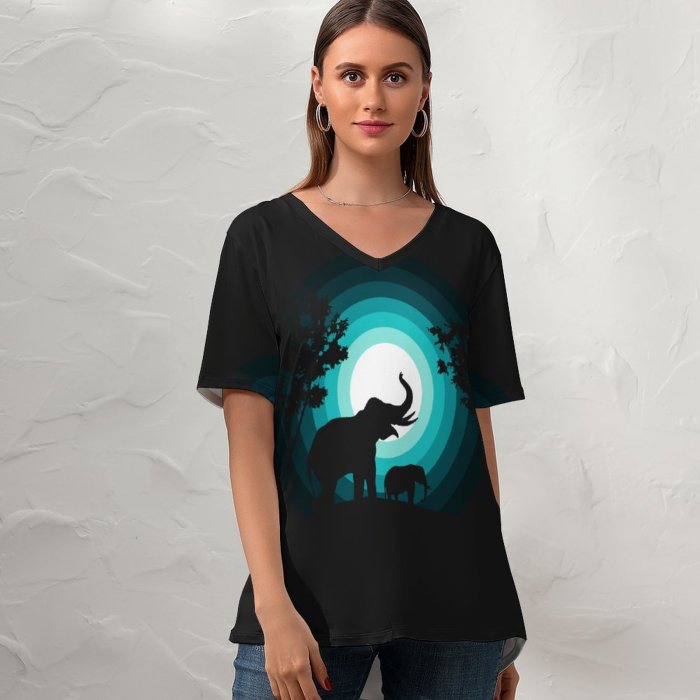 yanfind V Neck T-shirt for Women Suryapraveen Black Dark Minimal Elephant Elephant Cub Silhouette Night Teal Summer Top  Short Sleeve Casual Loose
