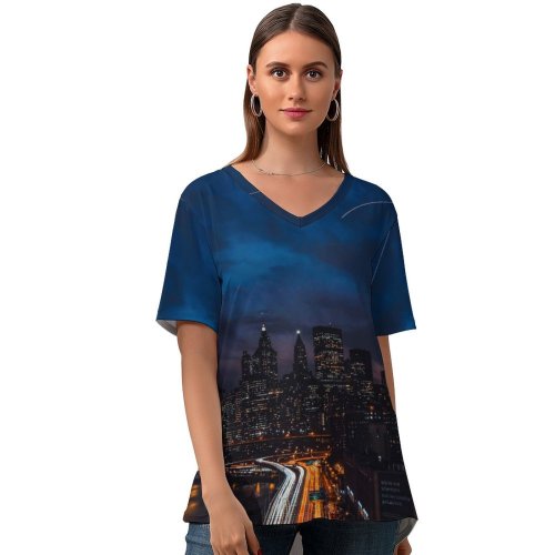 yanfind V Neck T-shirt for Women Zac Ong Black Dark York City United States Cityscape Night Time City Summer Top  Short Sleeve Casual Loose