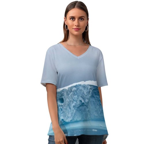 yanfind V Neck T-shirt for Women Landscape Snow Wallpapers Sea Mountain Teal Outdoors Greenland Pictures Creative Glacier Summer Top  Short Sleeve Casual Loose